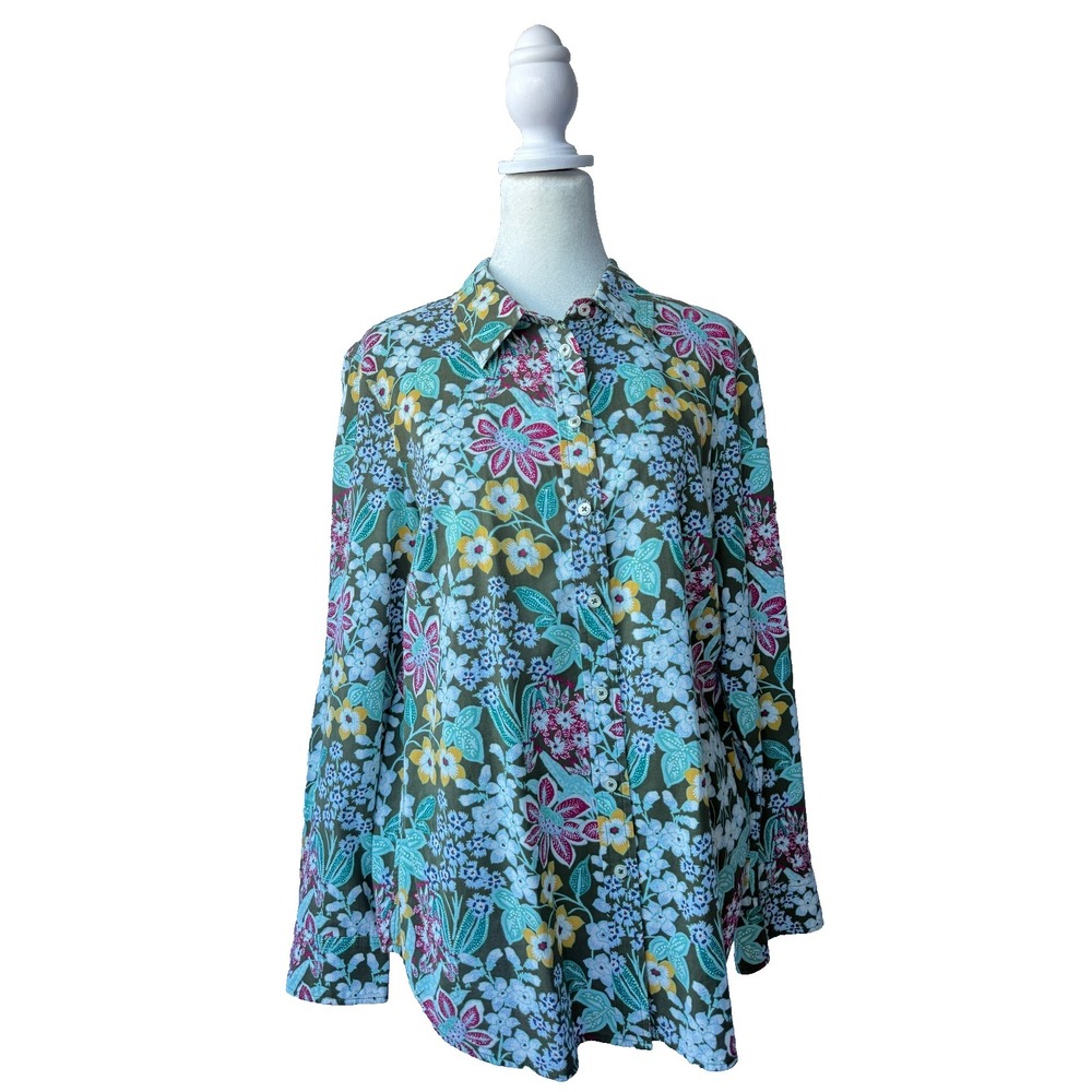 Talbots‎ Button Up Women's M Green Blue Floral Cottagecore Boho Botanical Garden